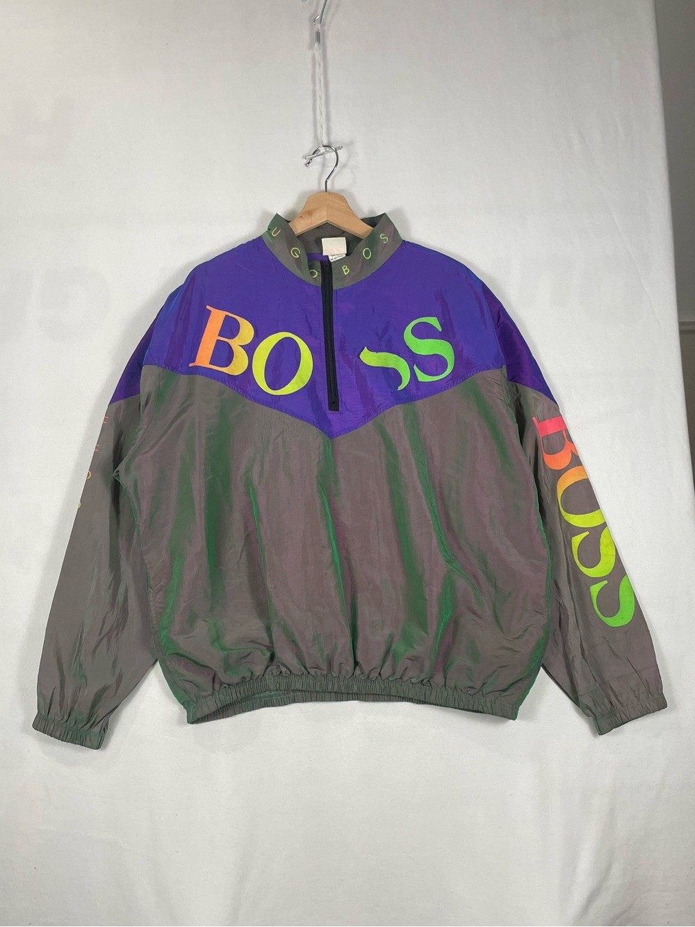 Vtg Surf Style x Hugo Boss Iridescent 1/4 zip Windbreaker Purple Gray FLAW Sz XL
